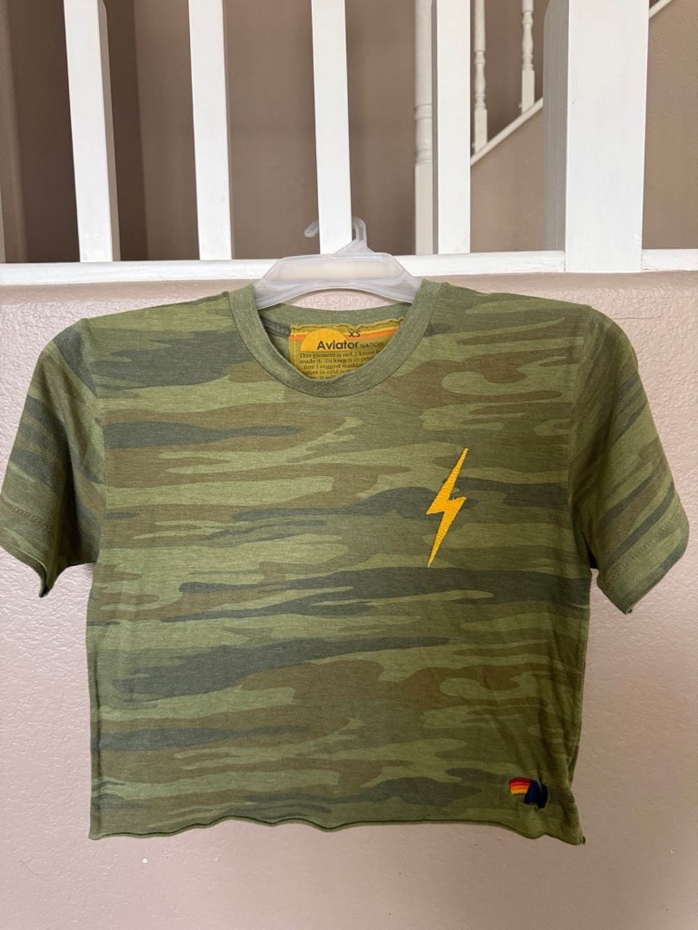 Aviator Nation Olive Camo Crop Tee with Yellow Lightning